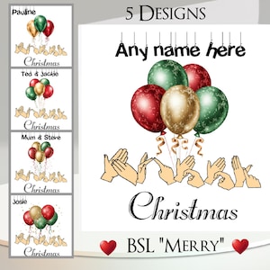 BSL-kerstkaart: tekst en naam toevoegen, bericht binnenin, 5 ontwerpen, 'Vrolijk' in Britse gebarentaal, kerstballonnen, hangende letters