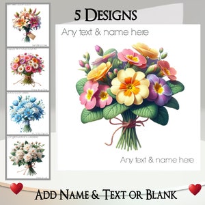 Cartão de buquê: adicione seu texto + nome ~ 5 designs para escolher ~ Mensagem interna ~ Flores, cores brilhantes, lírio, lírios, amores-perfeitos, floral