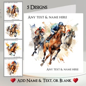 Carte de course de chevaux : ajoutez votre texte et votre nom, message à l'intérieur, 5 modèles, équitation, course de chevaux, jockey, chevaux, cavalier, sport, galop, cotes