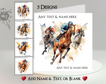 Horse Racing Card: Add Your Text + Name, Inside Message, or Blank. 5 Designs. Equestrian, Race, Jockey, Horses, Rider, Sport, Gallop,