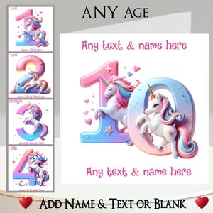 Biglietto di compleanno unicorno: aggiungi il tuo nome + testo, messaggio interno. QUALSIASI età, numero unicorno, compleanno importante, ricordo, fantasy, mitologico