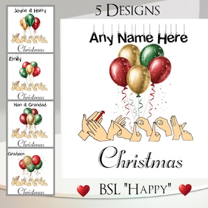 BSL-kerstkaart: tekst en naam toevoegen, bericht binnenin, 5 ontwerpen, 'Happy' in Britse gebarentaal, kerstballonnen, hangende letters
