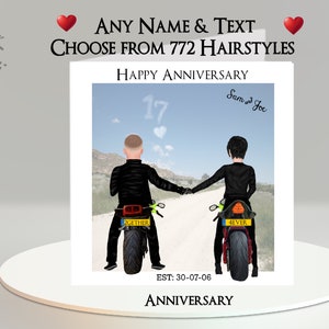 Tarjeta de aniversario de motociclista: agregue su texto, nombres + fecha, elija el peinado ~ Mensaje interior ~ Moto, motocicleta, bicicleta, novia, novio, aniversario