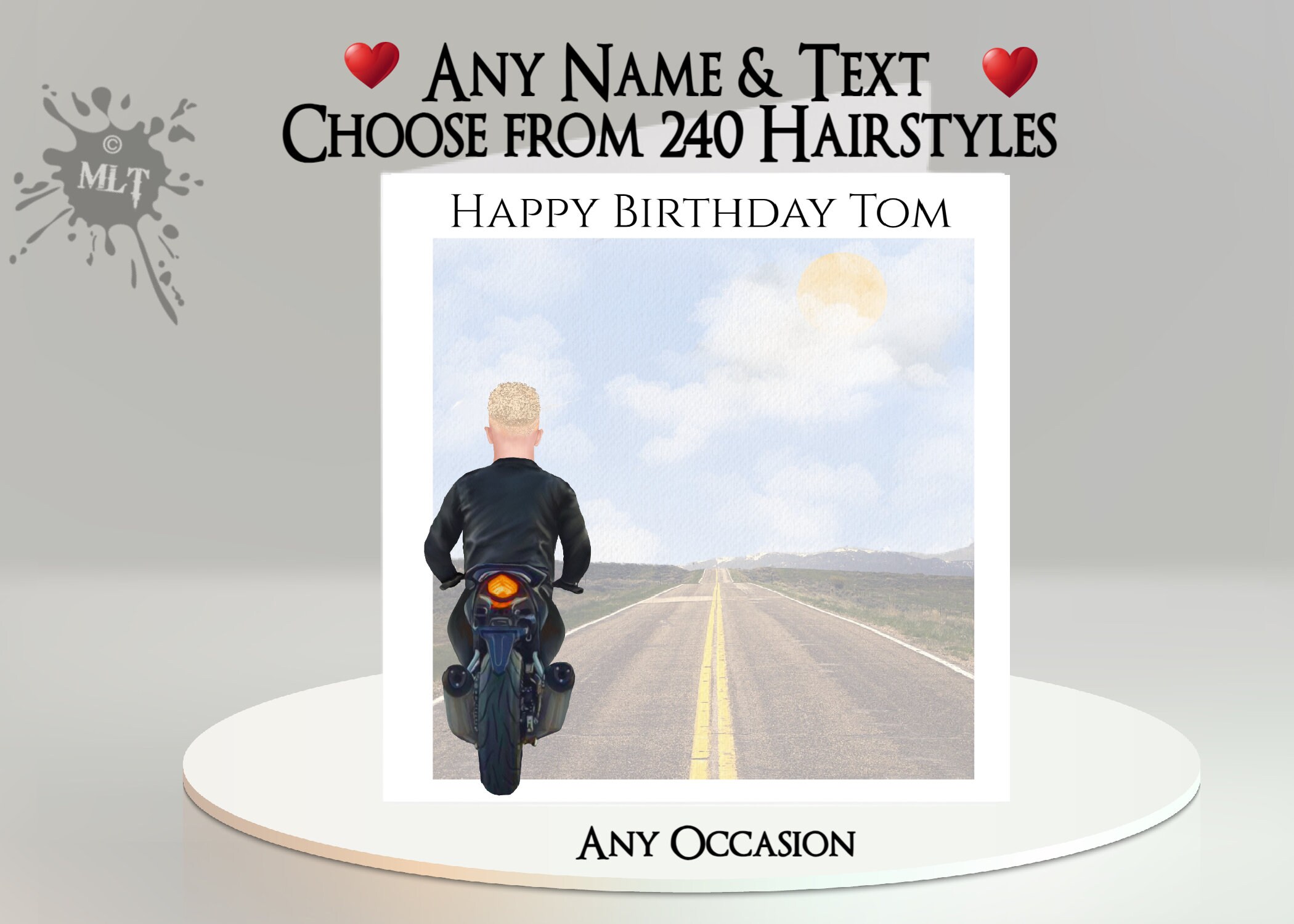 Male Biker Card: Add Your Message, Name, Choose Hair ~ Inside Message ~ Biker, Motorcycle, Motorbike, Driving Test, Bike, Long Road, Street