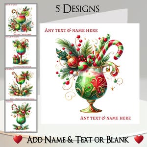 Carte de Noël : ajoutez votre texte et votre nom, message à l'intérieur, 5 modèles, cocktail, boisson, alcool, canne en bonbon, boules, houx, sapin, houx, cadeau