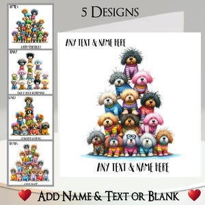Carte pyramide chien : ajoutez votre texte + nom, message à l'intérieur, 5 modèles. Chiens originaux, poils longs, chiens portant des vêtements, drôle, humoristique