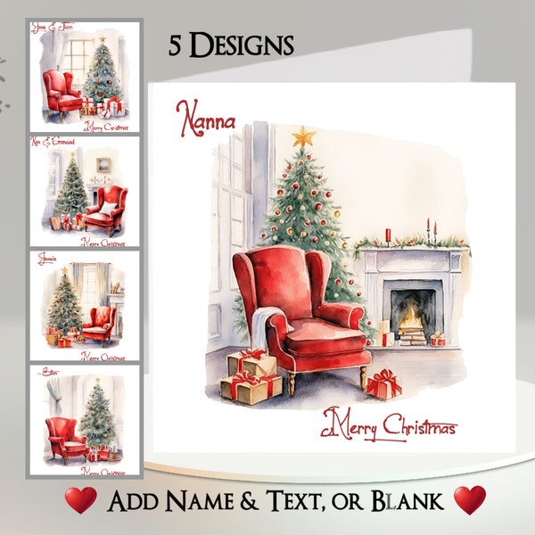Carte de Noël Cozy Chair : Ajoutez votre texte + nom ~ Message intérieur ~ Arbre de Noël, Fauteuil, Cheminée, Cadeaux, Cadeaux, Scène de Noël
