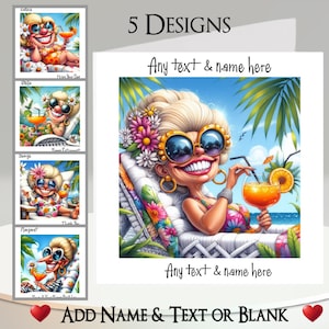 Carte Beach Woman : ajoutez votre nom + texte, message à l'intérieur, 5 modèles. Femme originale, palmier, mer, cocktail, fantaisiste, alcool, drôle, humoristique