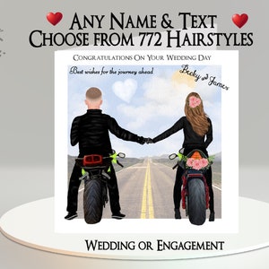Cartão de casamento de motociclista: adicione seu texto + nome, escolha o cabelo ~ Mensagem interna ~ Casamento, Bodas, Noivado, Motocicleta, Bicicleta, Motocicleta