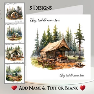 Tarjeta de camping: añade tu texto + nombre ~ 5 diseños para elegir ~ Mensaje interior ~ Tienda de campaña, camping, fogata, vacaciones, feriado, viaje de camping