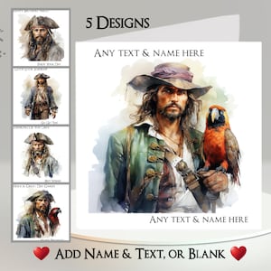 Piratenkaart: tekst + naam toevoegen ~ 5 ontwerpen om uit te kiezen ~ bericht binnen ~ mannetje piraat, zeerover, zeerover, kaper, papegaai, zee