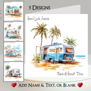 Caravankaart: tekst + naam toevoegen ~ 5 ontwerpen om uit te kiezen ~ binnenbericht ~ aanhangwagen, camping, busje, vakantie, vakantie, strand, palmboom
