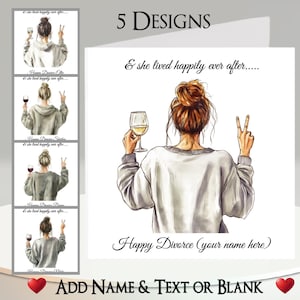 Biglietto di divorzio: aggiungi il tuo testo e nome, messaggio interno, 5 design. Personalizzato, Rottura, Divorzio, Vino, Alcol, Donna, Ragazza, Divertente, Umoristico