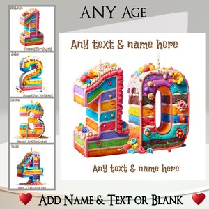 Biglietto di auguri per torta di compleanno: aggiungi il tuo nome + testo, messaggio interno. QUALSIASI età, numero della torta, compleanno importante, ricordo, candele, glassa