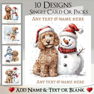 Könnte beinhalten: Eine quadratische Grußkarte mit einer Aquarellillustration eines goldbraunen, lockigen Hundes mit roter Weihnachtsmütze neben einem Schneemann mit rotem Schal und Mütze. Der Text lautet 10 DESIGNS SINGLE CARD OR PACKS, ANY TEXT & NAME HERE.