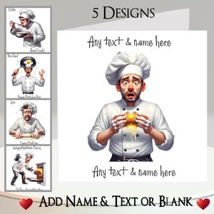Kockkort: Lägg till din text + namn, meddelande eller blankt. 5 designer. Kock, kök, ägg, stekpanna, kavel, ugn, kyckling, udda