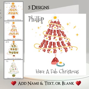 Cartão de Natal: Adicione seu texto + nome, mensagem interna, 5 designs, bacon, ovos, tacho, wrap, almôndegas, espaguete, vegetais, engraçado, comida, humorístico