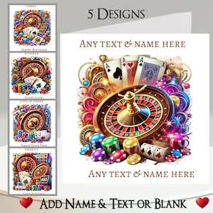 Carte de casino : ajoutez votre texte + votre nom, un message à l'intérieur, 5 modèles.  Roue, cartes à jouer, dés, jetons, machines à sous, chance, pari, pari