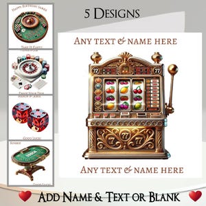 Carte de casino : ajoutez votre texte + votre nom, un message à l'intérieur, 5 modèles.  Roue, cartes à jouer, dés, jetons, machines à sous, chance, pari, pari