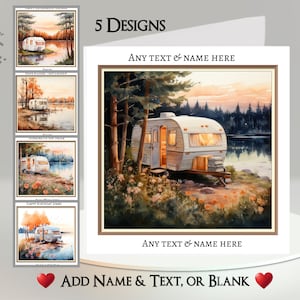 Caravankaart: tekst + naam toevoegen ~ 5 ontwerpen om uit te kiezen ~ bericht aan de binnenkant ~ aanhangwagen, camping, busje, retro, vakantie, vakantie, aan het meer