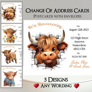 Adreswijzigingskaarten Highland Cow met enveloppen: verhuizing, nieuw adres, nieuw huis, verhuizing, nieuw huis, adreswijziging, briefkaart