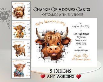Cartes de changement d'adresse Vache Highland avec enveloppes : déménagement, nouvelle adresse, nouvelle maison, déménagement, nouvelle maison, changement d'adresse, carte postale