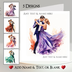 Kaart stijldansers: tekst en naam toevoegen ~ bericht binnenin ~ Ballroompaar, wals, Quickstep, dansoverweging, dansers, danseres, muziek