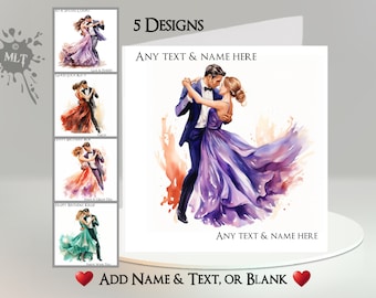 May include: Five different designs of a watercolor illustration of a couple dancing. The couple is dressed in formal attire, with the woman wearing a long purple gown and the man wearing a black tuxedo. The background is a watercolor wash of orange and purple.