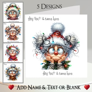 Carte de Noël : ajoutez votre texte et votre nom, message à l'intérieur, 5 motifs, vieille dame drôle, grincheux, lumières de Noël, bonnet de père Noël