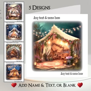 Carte de glamping : ajoutez votre texte et votre nom ~ 5 modèles au choix ~ message à l'intérieur ~ tente, camping, feu de camp, vacances, vacances, voyage de glamping