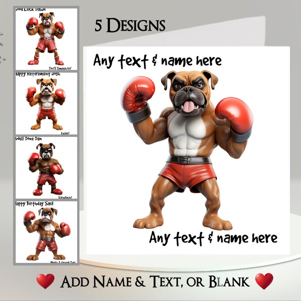 Boxing Dog Card: Add Your Text + Name ~ Inside Message ~ Personalised, Boxer, Boxing Match, Boxing Gloves, Boxing Ring, Bout, Punch, Sport