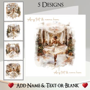 Kerstkaart: tekst en naam toevoegen, bericht binnenin, 5 ontwerpen, ballerina, danseres, ballet, balzaal, dans, kerstboom, baljurk