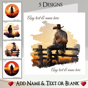 Sunset Cowboy Card: Add Your Text + Name, Inside Message, or Blank. 5 Designs. Western, Wild West, Cowboy, Cowgirl, Boots, Hat, Fence