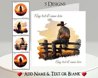 Sunset Cowboy Card: Add Your Text + Name, Inside Message, or Blank. 5 Designs. Western, Wild West, Cowboy, Cowgirl, Boots, Hat, Fence