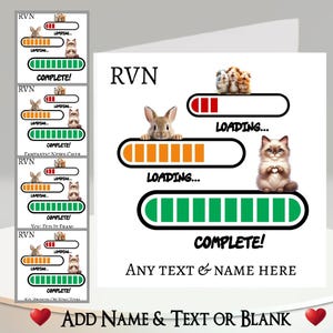 Tarjeta de enfermero veterinario registrado: agregue su texto + nombre, mensaje interno, calificación VRN, calificado, exámenes, estudiante de enfermería, animales, veterinario