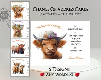 Cartes de changement d'adresse Vache Highland avec enveloppes : déménagement, nouvelle adresse, nouvelle maison, déménagement, nouvelle maison, changement d'adresse, carte postale