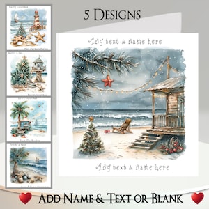 Kerstkaart: tekst + naam, bericht binnenin, 5 ontwerpen, palmboom, strand, zee, oceaan, zon, strandhut, zeester, vakantie, vakantie