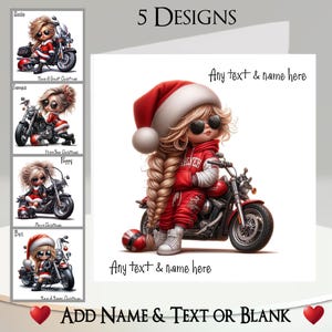Cartão de Natal: Adicione seu texto + nome, mensagem interna, 5 designs, motociclista de Natal, garota motociclista, chapéu de Papai Noel, motocicleta, motociclista, óculos de sol