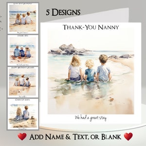 Biglietto d'auguri per bambini in spiaggia: aggiungi il tuo testo e nome ~ 5 design ~ Messaggio interno ~ Spiaggia, sabbia, mare, oceano, bambini in spiaggia, fratelli, bambini, famiglia