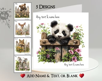 May include: Greeting cards featuring adorable animal illustrations. Designs include a bear, deer, wolf, elephant, and panda, each peeking over a wooden fence. The cards offer customization with text and names, or can be left blank.