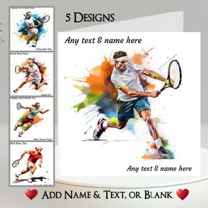 Biglietto di tennis maschile: aggiungi il tuo testo + nome, messaggio interno, 5 design. Partita di tennis, giocatore di tennis, palla da tennis, rovescio, servizio, due, sport