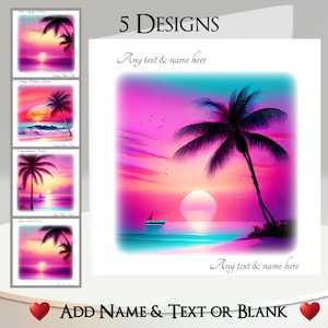 Pink Beach-kaart: tekst + naam toevoegen ~ binnenbericht ~ Tropisch strand, zonsondergang, zonsopgang, zand, zee, oceaan, palmbomen, vakantie, vakantie