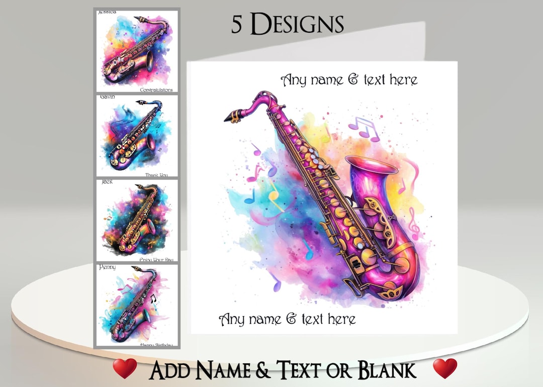 Saxophone Card: Add Your Text + Name, Inside Message, 5 Designs. Sax ...