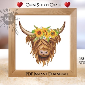 Highland Cow Counted Cross Stitch Chart: Instant PDF Download.  Coloured and Black & White Chart. Full DMC Floss List. Cute Cow With Flowers