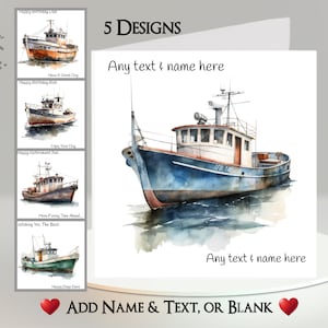 Carte de bateau de pêche : ajoutez votre texte et votre nom ~ 5 modèles au choix ~ message à l'intérieur ~ pêche, bateau, chalutier, pêcheur, mer, océan, navire