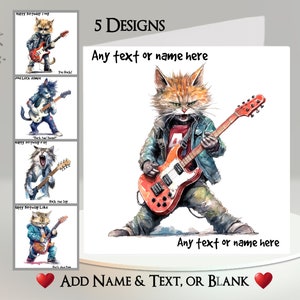 Carte Rockin' Cat : ajoutez votre texte et votre nom ~ message intérieur ~ chat, chaton, guitare, basse, rock and roll, tendance, chat musicien, groupe de rock, musique