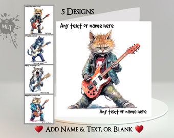 Rockin' Cat Card: Add Your Text + Name ~ Inside Message ~ Cat, Kitten, Guitar, Bass, Rock and Roll, Trendy, Musical Cat, Rock Band, Music