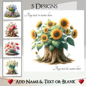 Biglietto floreale: aggiungi il tuo testo + nome ~ 5 disegni tra cui scegliere ~ Messaggio interno ~ Fiori, ceppo d'albero, viola del pensiero, rosa, girasole, papavero, narciso