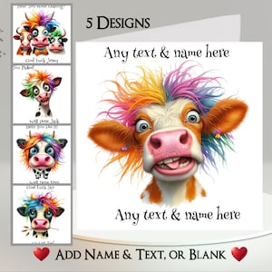 Carte vache : ajoutez votre texte et votre nom ~ 5 modèles au choix ~ message à l'intérieur ~ grimace vache, bétail, ferme, animal de la ferme, arc-en-ciel, humoristique