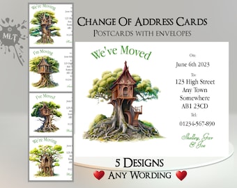 Cartes postales pour changement d'adresse pour une cabane dans les arbres : déménagement, nouvelle adresse, nouvelle maison, déménagement, nouvelle maison, changement d'adresse, carte postale
